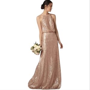 Nwot Donna Morgan Sequin Halter Rose Gold Alana Evening Gown Lined  w/ Raw Hem
